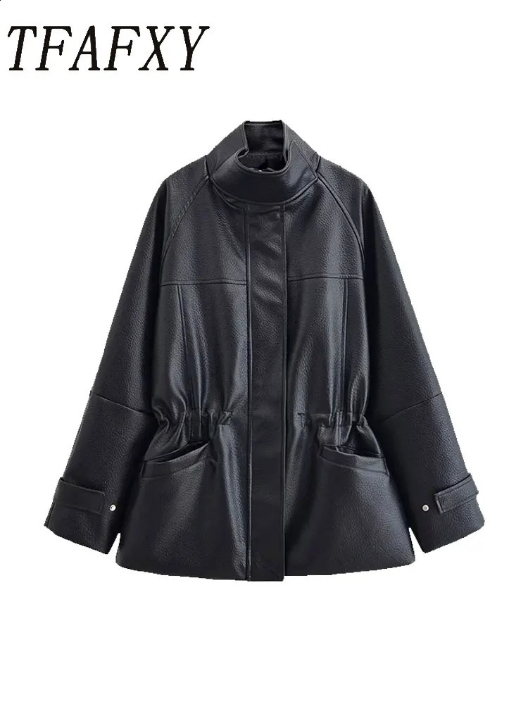 TFAFXY Women Leather Jacket Black Long Sleeve Zippers Pocket Stand Collar Female Coat 2026 Spring Autumn Lady Outwear Y2K 260918