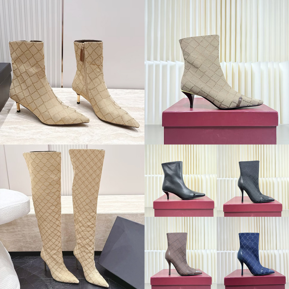 Bombshell Boot Women Designer Thigh High Heel Boots Letter Print Chain Colorful Print Canvas Shoes Pointed Toe Boots Elegant Stiletto Heels Over
