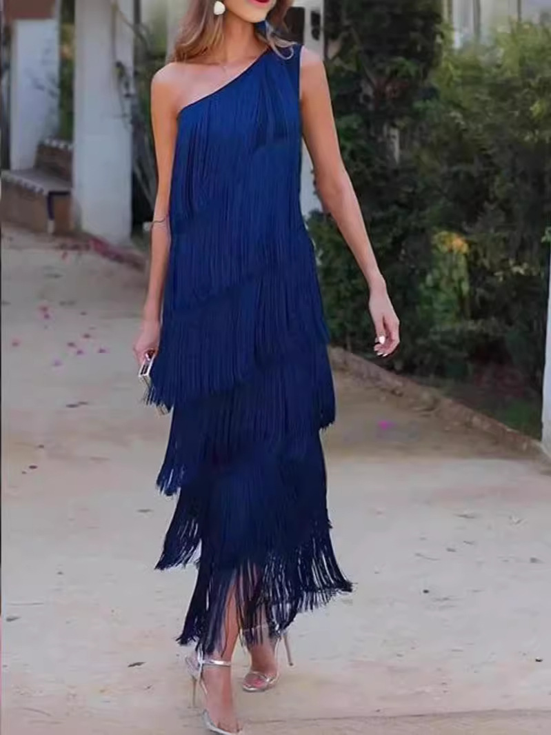 New spring and summer European and American fashion asymmetrical dress with fringe and off-shoulder design, suitable for evening wear