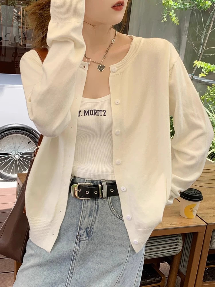 2026 Women Cardigans Sweater Casual Warm Spring Summer Oneck Long Sleeve Single Breasted Slim Fashion Korean Knitwears Tops 260920