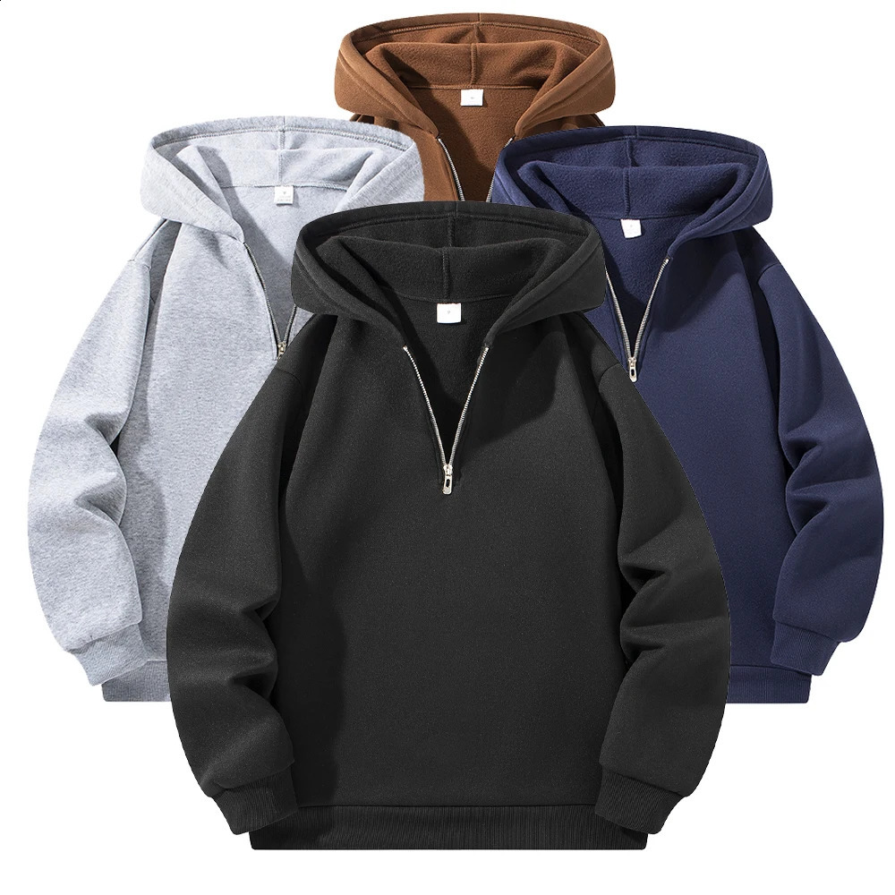 Men's Half Zipper Hooded Hoodies Solid Color Long Sleeve Sweatshirts Autumn Loose Sport Warm Sweats Fashion Casual Pullover 260920