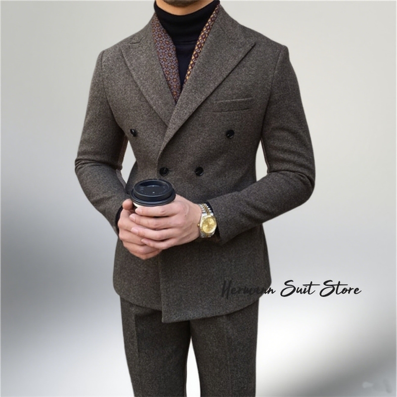 Wool Blend Mens 2 Piece Suit Set Jacket Pants Double Breasted Lapel Suit Set Wedding Prom Dinner Wrok Travel Dinner Banquet 260918