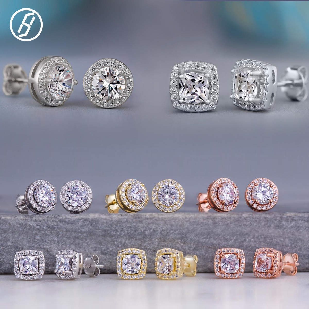Classic Round Cushion Cut CZ Halo Stud Earrings 18K Gold Rose Gold Silver Plated Sparkling Simulated Diamond Studs for Women Designer Earrings Whole