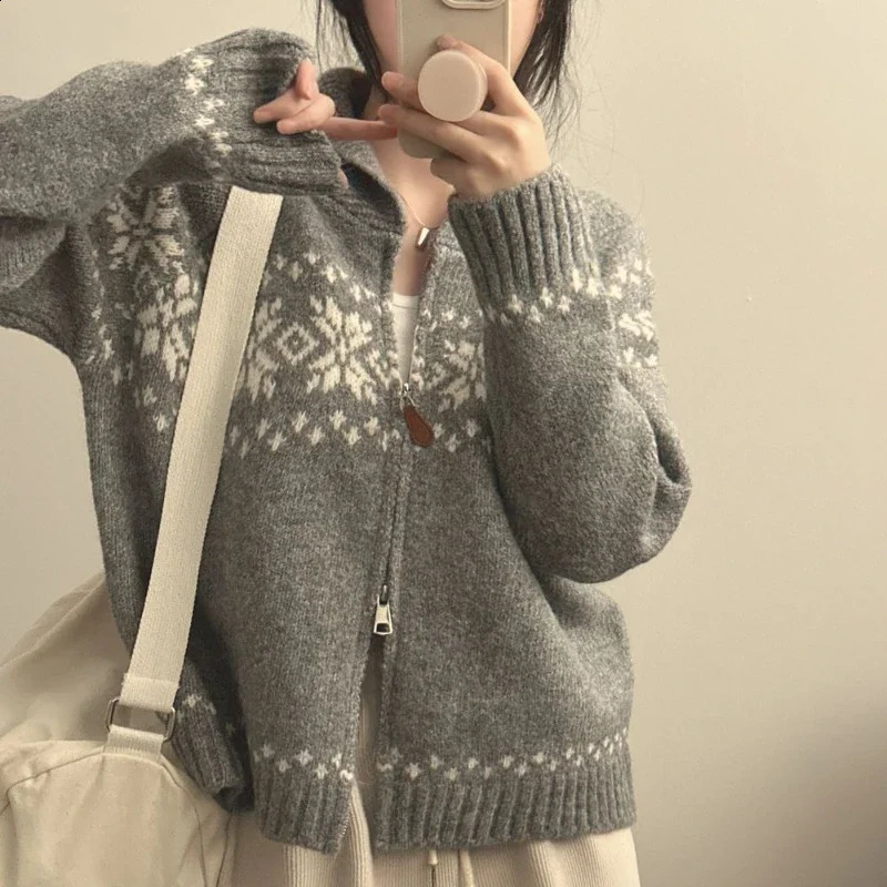 Autumn Winter Women Fashion Elegant Knitwear Long Sleeve Sweater Fall Korean Style Casual Knitted Top Zipper Lapel Jacket 260918