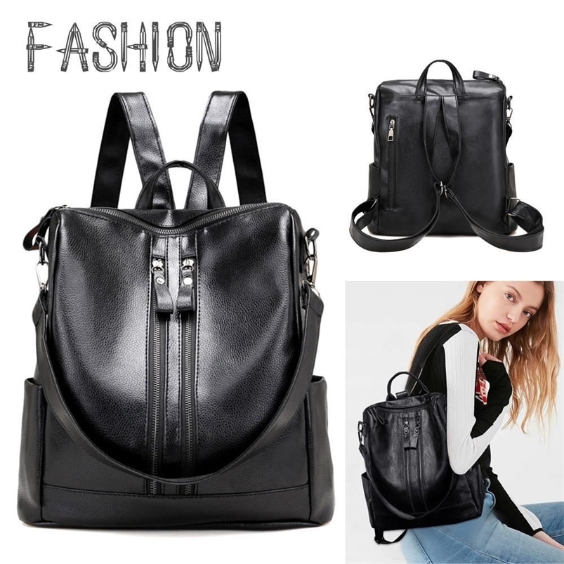 Zaino da donna in morbida pelle da scuola Borsa da college multifunzionale casual nera Borse a tracolla di grande capacità Zaino da viaggio 260920