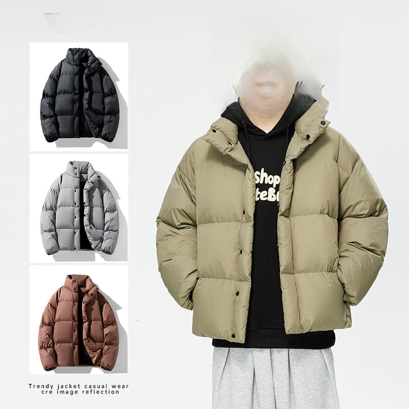 Men Winter Stand Collar Puffer Jacket Solid Color Thick Warm Cotton Padded Coat Loose Casual Streetwear Male Short Outerwear 4 Colors