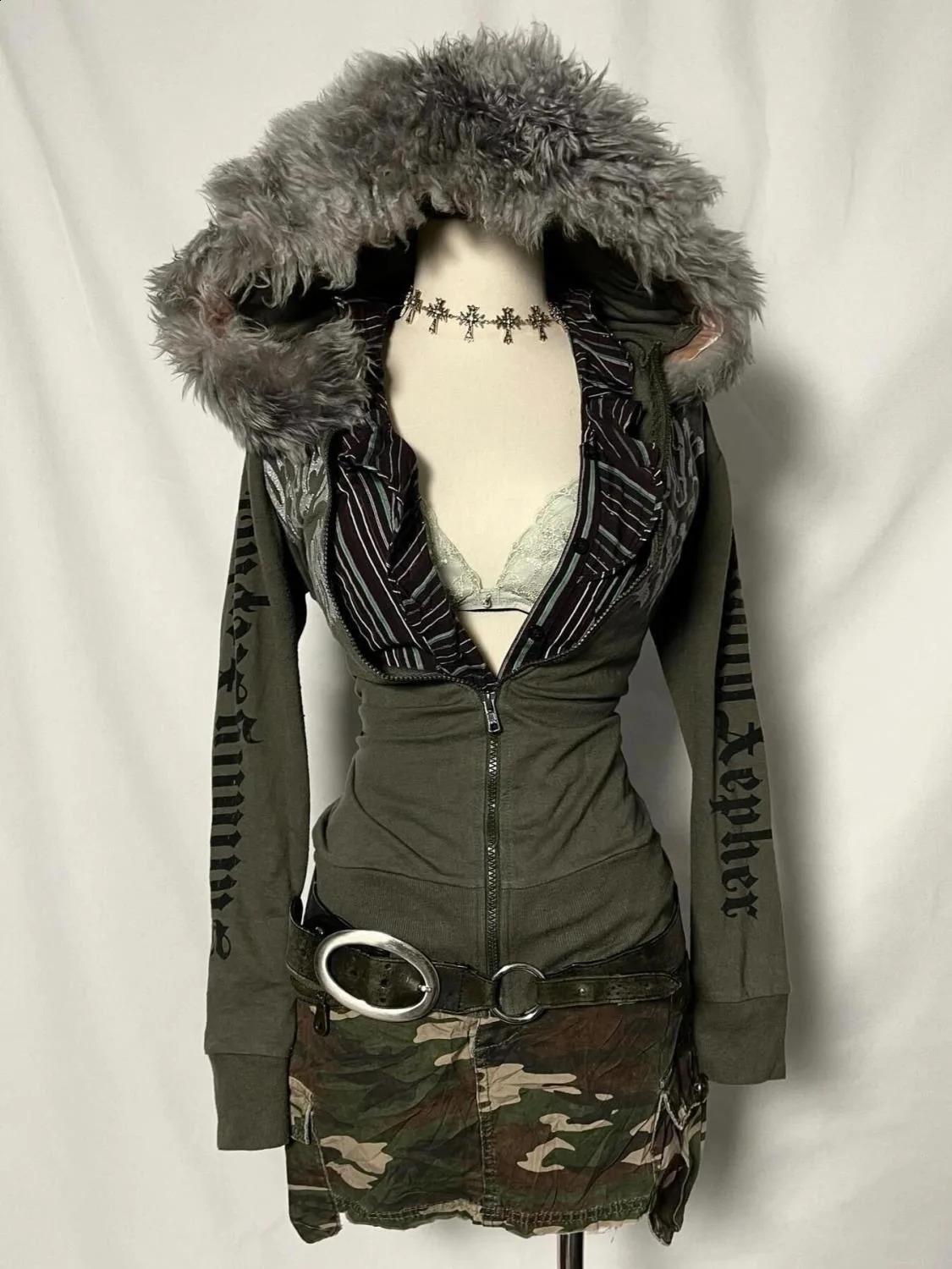 Giacca da lavoro vintage retrò americana stile lettera collo in pelliccia Cardigan punk gotico con cappuccio giacca cardigan con cerniera autunno e
