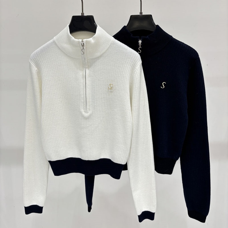 Cropped Zipper Brand Pullover For Women Mock Neck Windproof Warm Common Sweater Autumn Couple Slim Fit Skinny Ribbed Jumper