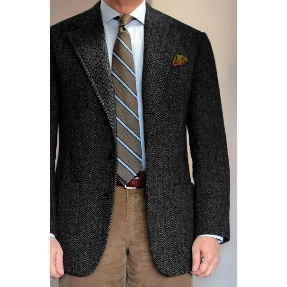 Abito da uomo Blazer grigio Prom Smoking dello sposo Spina di pesce Tweed di lana Giacca formale monopetto da lavoro per matrimonio Solo cappotto 26