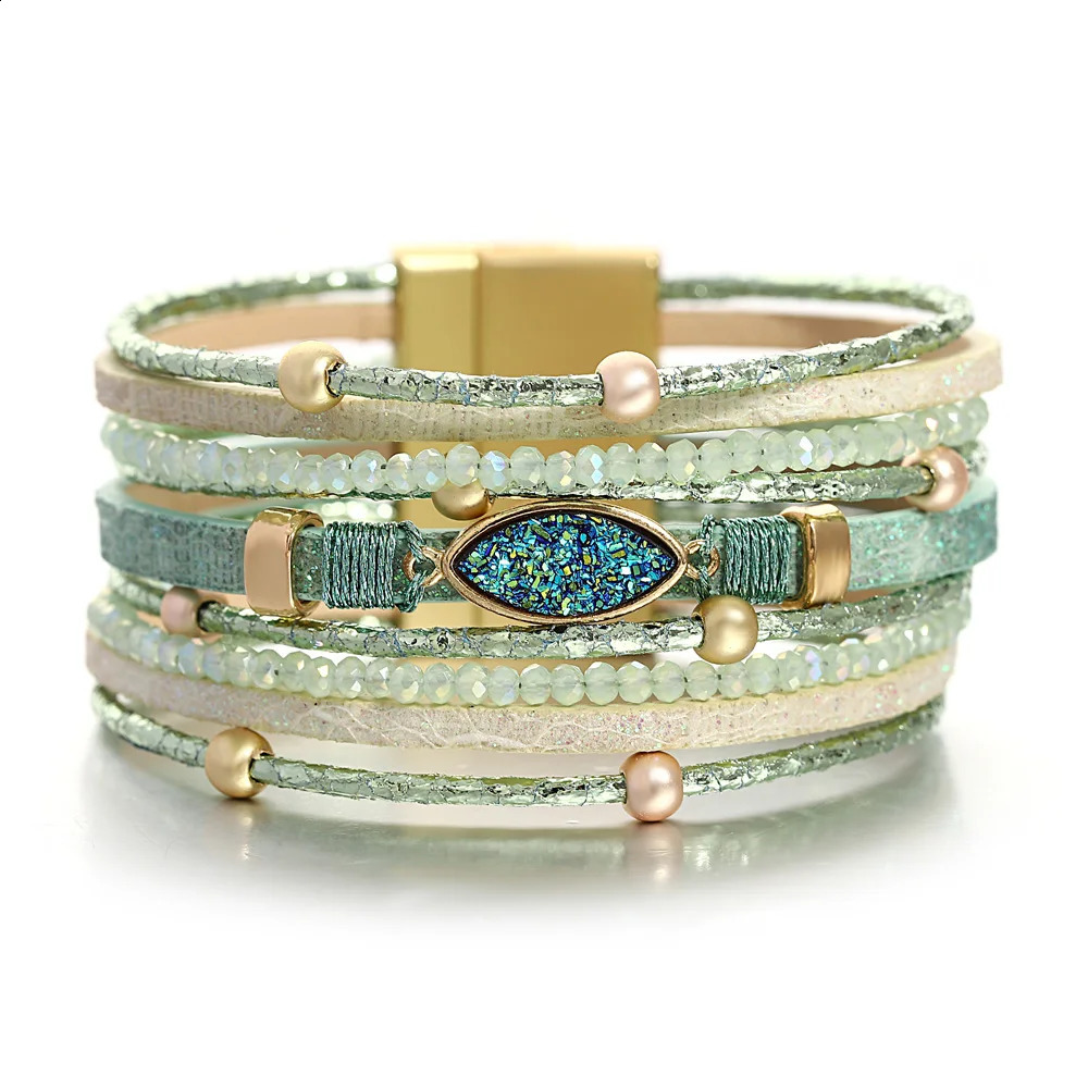 ALLYES Pulsera de cuero envolvente multicapa de piedra de resina de moda para mujer Pulseras con cuentas de cristal llenas de brillo Joyería de fies