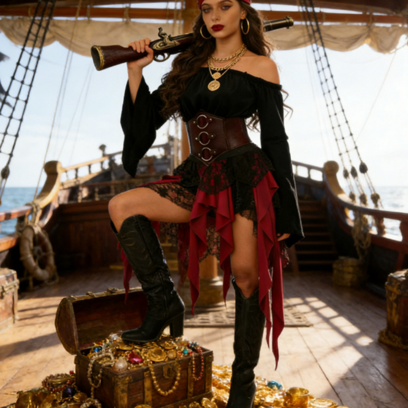 Retro Women's Pirate Top - Ideal for Medieval Themed Costumes & Halloween Parties