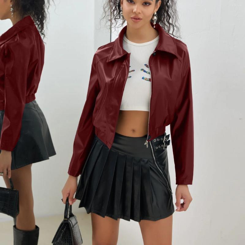 Faux Leather Short Coat Retro Women's Zipper Lapel Long Sleeve Jackets Female 2026 Autumn Fashion High Street