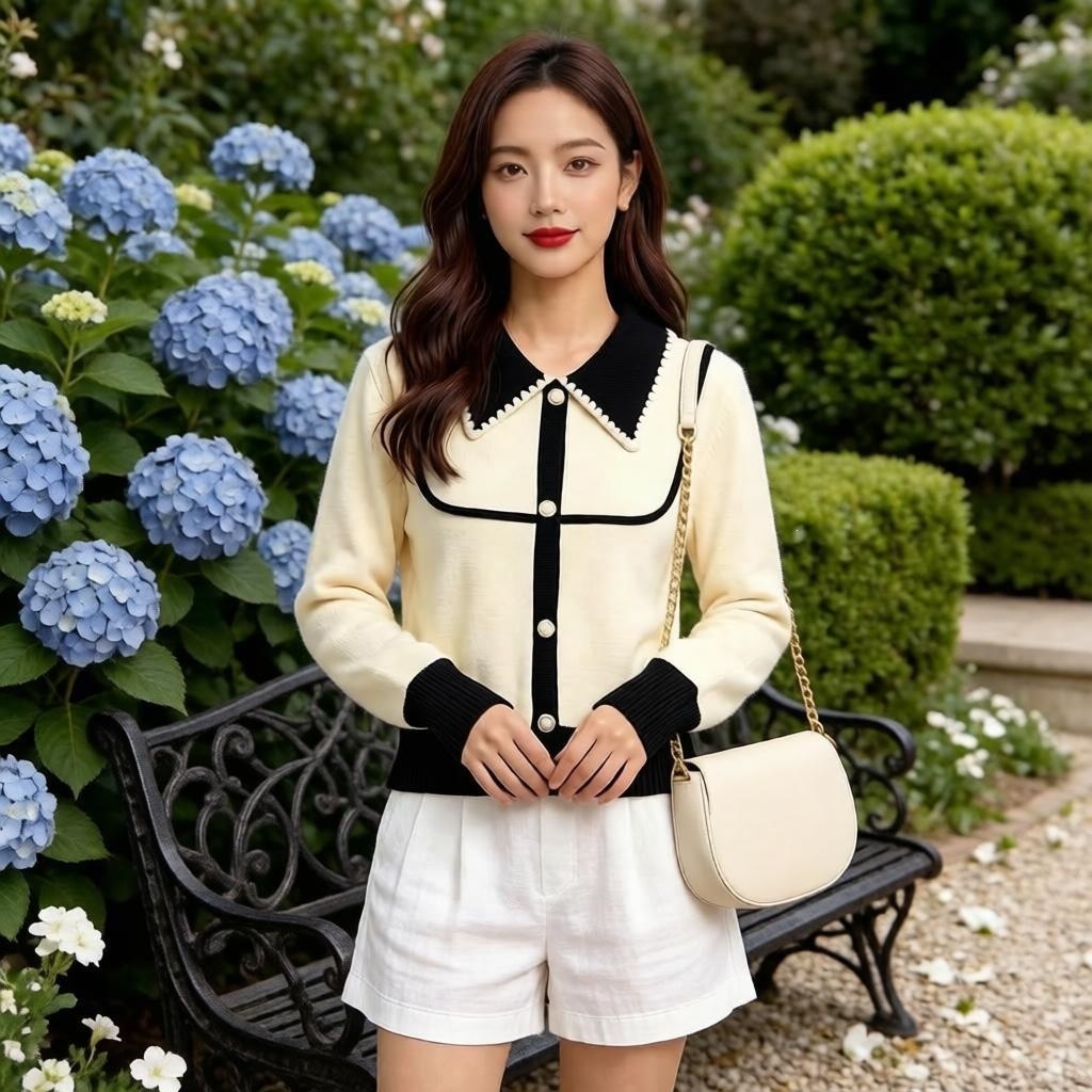 High-End Fashion Daily Luxury Clothing New Spring, Autumn, Winter Doll-Style Top: Fashionable And Versatile Long-Sleeved Knit Sweater With Contrasti