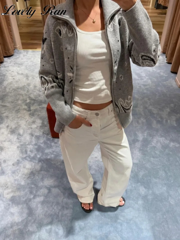 Fashion Printed Knit Women Sweater Casual Stand Collar Long Sleeve Zippers Female Cardigan 2026 Autumn Lady Knitwear 260920