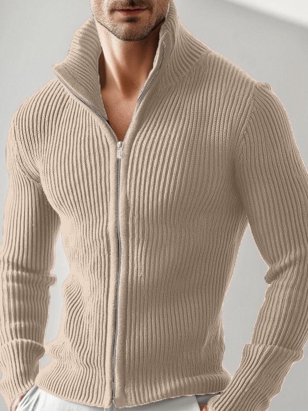 Men's Solid Color Ribbed Stand Collar Zip Up Cardigan, Versatile Long Sleeve Slim Fit Jacket