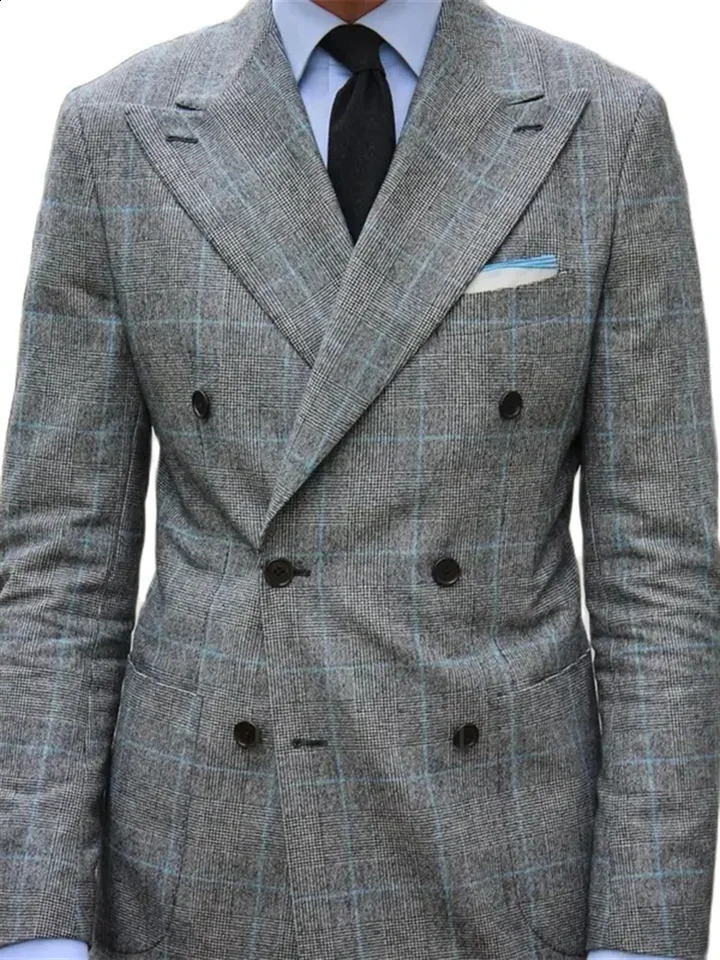 2 Piece Fashion Grey Plaid Suits Mens Wedding Groom Tuxedo Business Blazer Slim Fit Daily Jacket Pants Costume Homme 260918