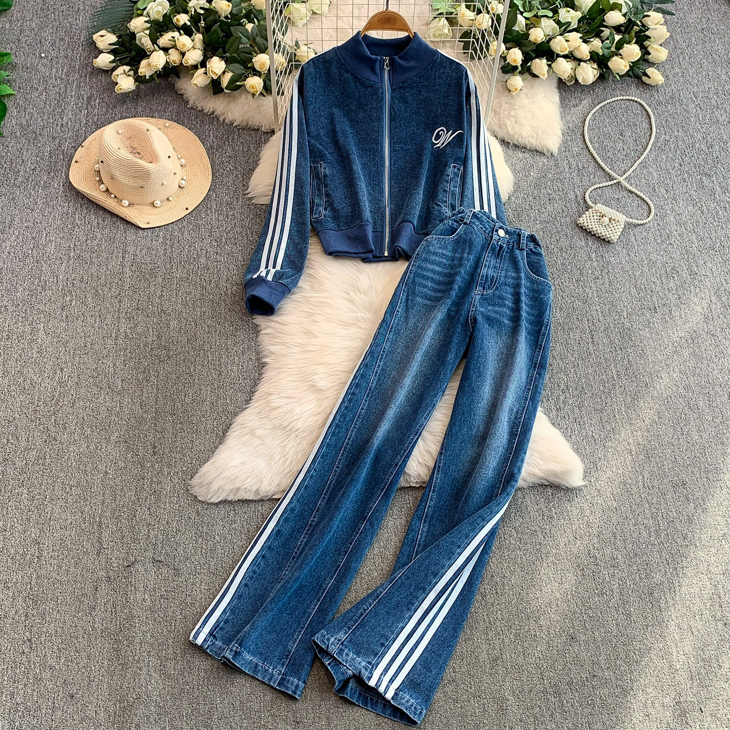 European And American Style Retro Embroidered Stand-Collar Zip-Up Denim Jacket Two-Piece Set With High-Waisted Slimming Two-Stripe Wide-Leg Pants