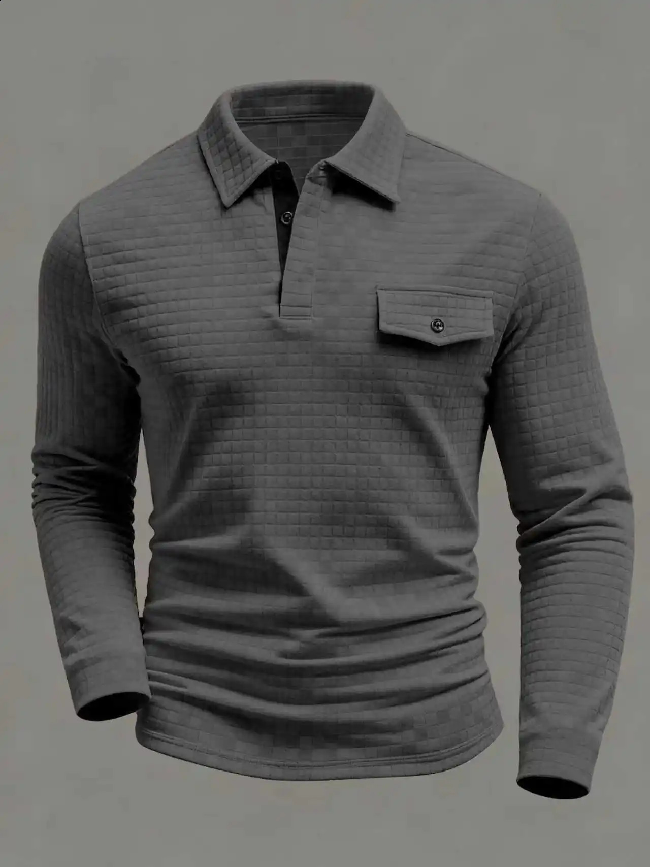 Spring Autumn Mens Classic Polo Shirt Daily Casual with Chessboard Pattern Patch Pockets on the Collar and Long Sleeve 260920
