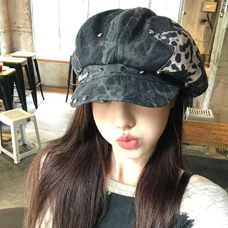 Rivet Berets American Punk Style Star Design Octagonal Hats for Women Spring and Autumn Casual Versatile Retro Washed Denim Berets Cap N260919