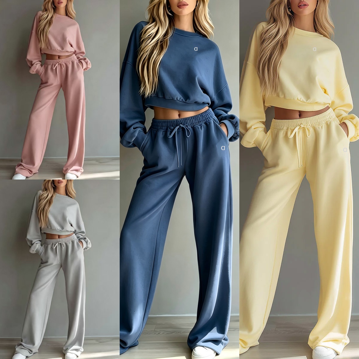 2971AO Nouveau décontracté simple court sweat-shirts à manches longues col rond pull et cordon de serrage pantalon de sport pantalon large costum