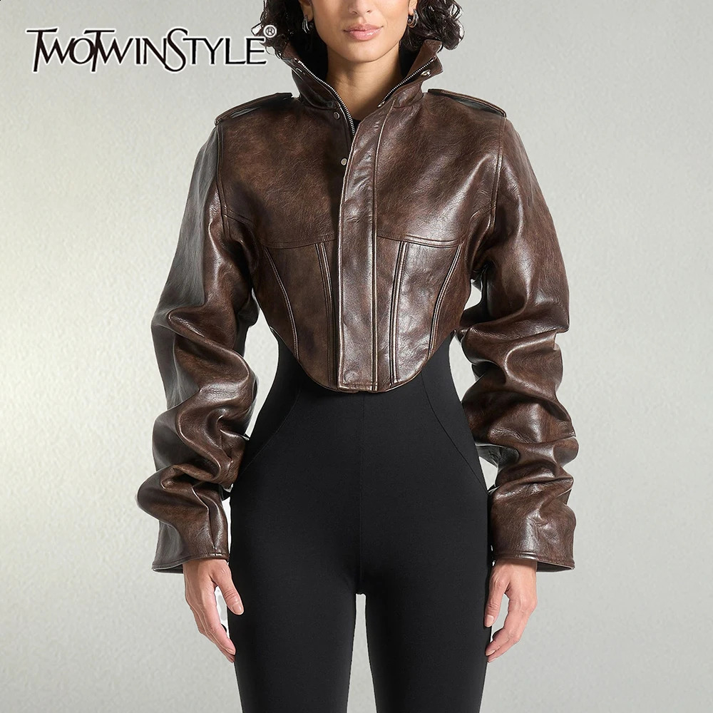 TWOTWINSTYLE Biker Faux Leather Cropped Jacket for Women Corset Seam Solid High Collar Epaulet Zipper Irregular Hem Outerwear 260920