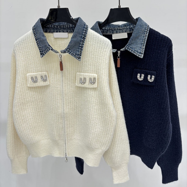 Loose Knit Zipper Cardigan For Women Denim Panelled Collar Letter Rhinestone Ribbed Cardigans Autumn Preppy Style Couple Street Knitwear