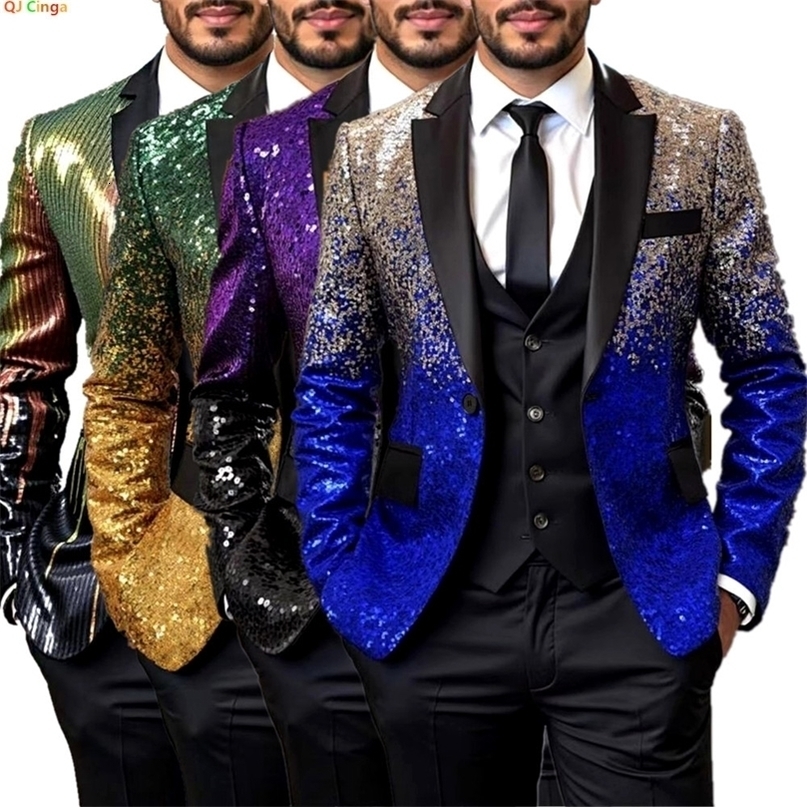 Giacca da smoking con paillettes lucide per uomo Blu reale sfumato oro Nero Risvolto formale Festa di nozze Cappotto da indossare sul palco 260918