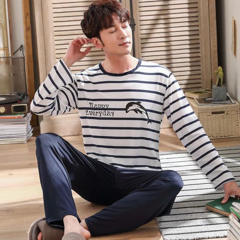 Spring and Autumn LongSleeved Long Pants Mens Pajamas Homewear Loose Casual Striped Nightwear Large Size Sleepwear Loungewear 260920