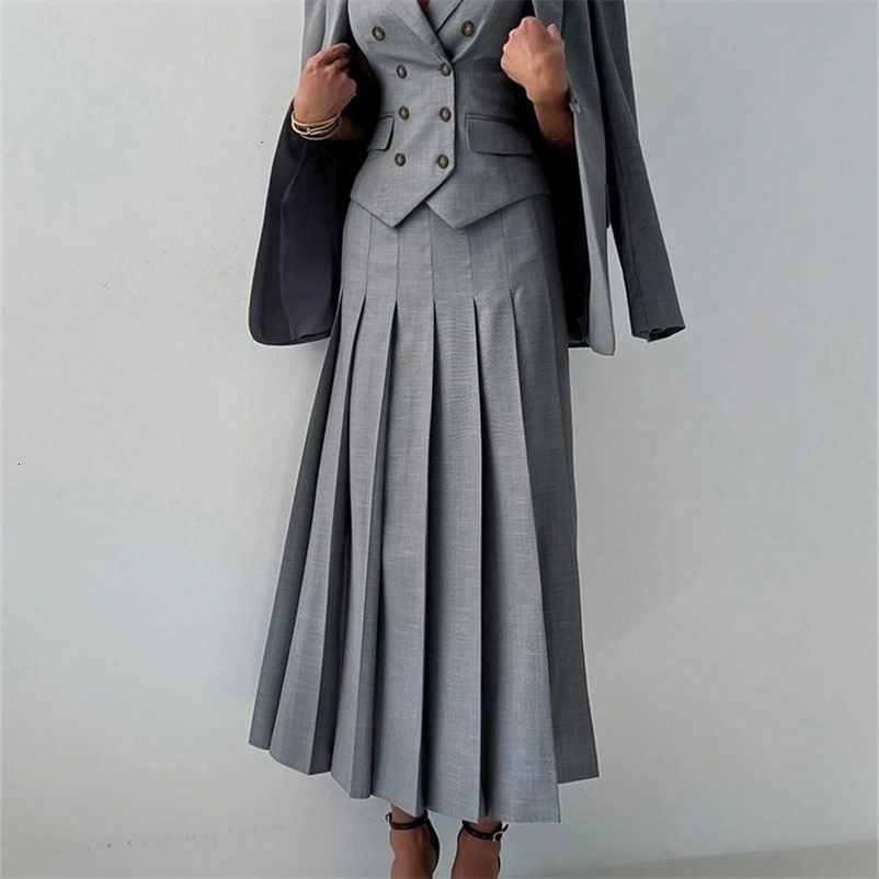 3pcs Women Elegant Work Casual Business Suit Set Fitted Vest for Spring/Summer Pleated Midi Skirt Suitable Office Lady 260918