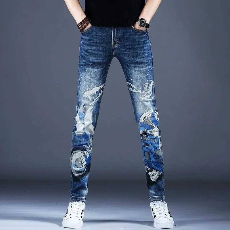 Men's Jeans Spring and Autumn New Fashionable Printed Straight Tube Elastic Small Leg Pants for Men's Casual Sports Retro High Quality Jea