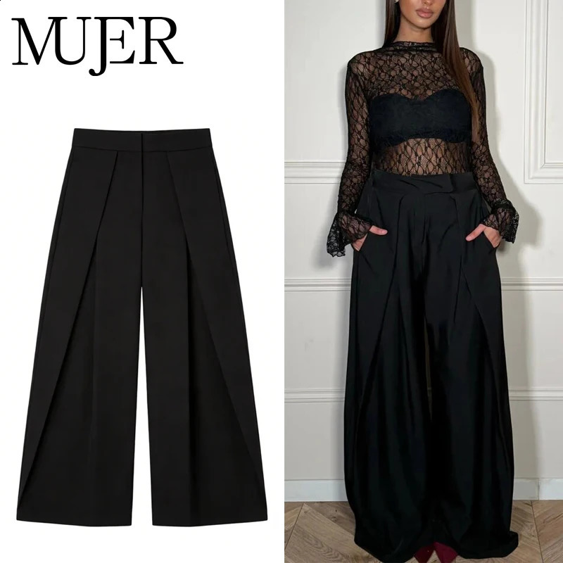 MUJER Black Baggy Pants Woman Pleated Wide Leg for Women Striped Casual Womens Spring High Waist Trousers 260920