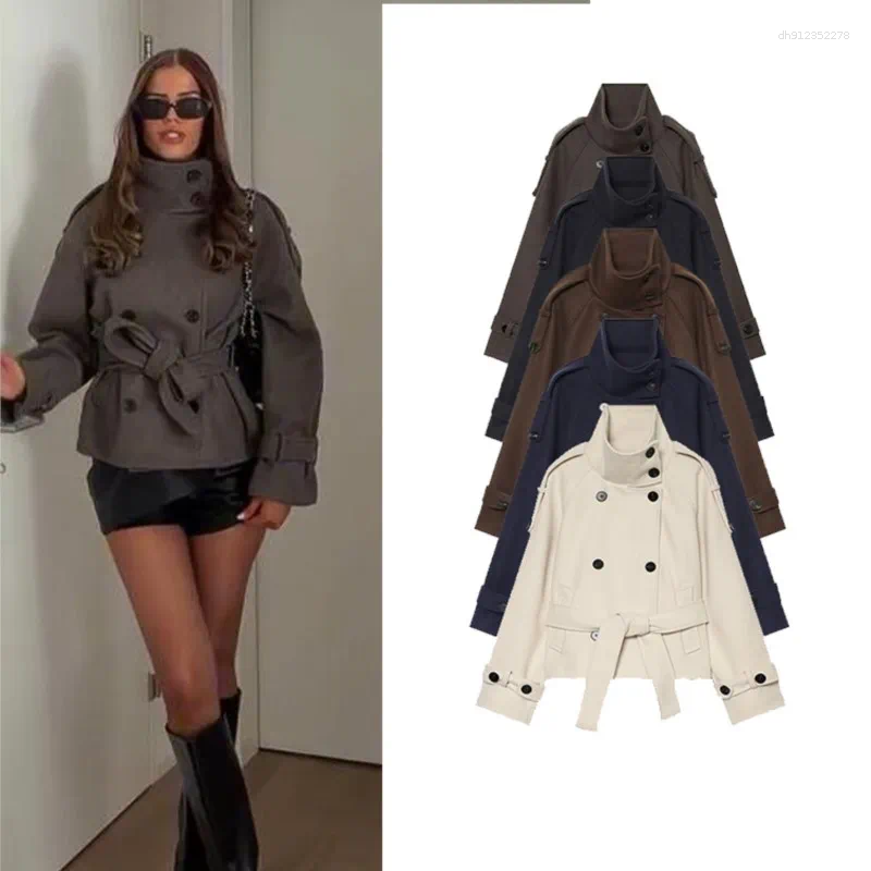 Women's Winter Jacket High Neck Long Sleeve Double-breasted With Belt Coats Fashion Casual Female Outerwear Vintage Top