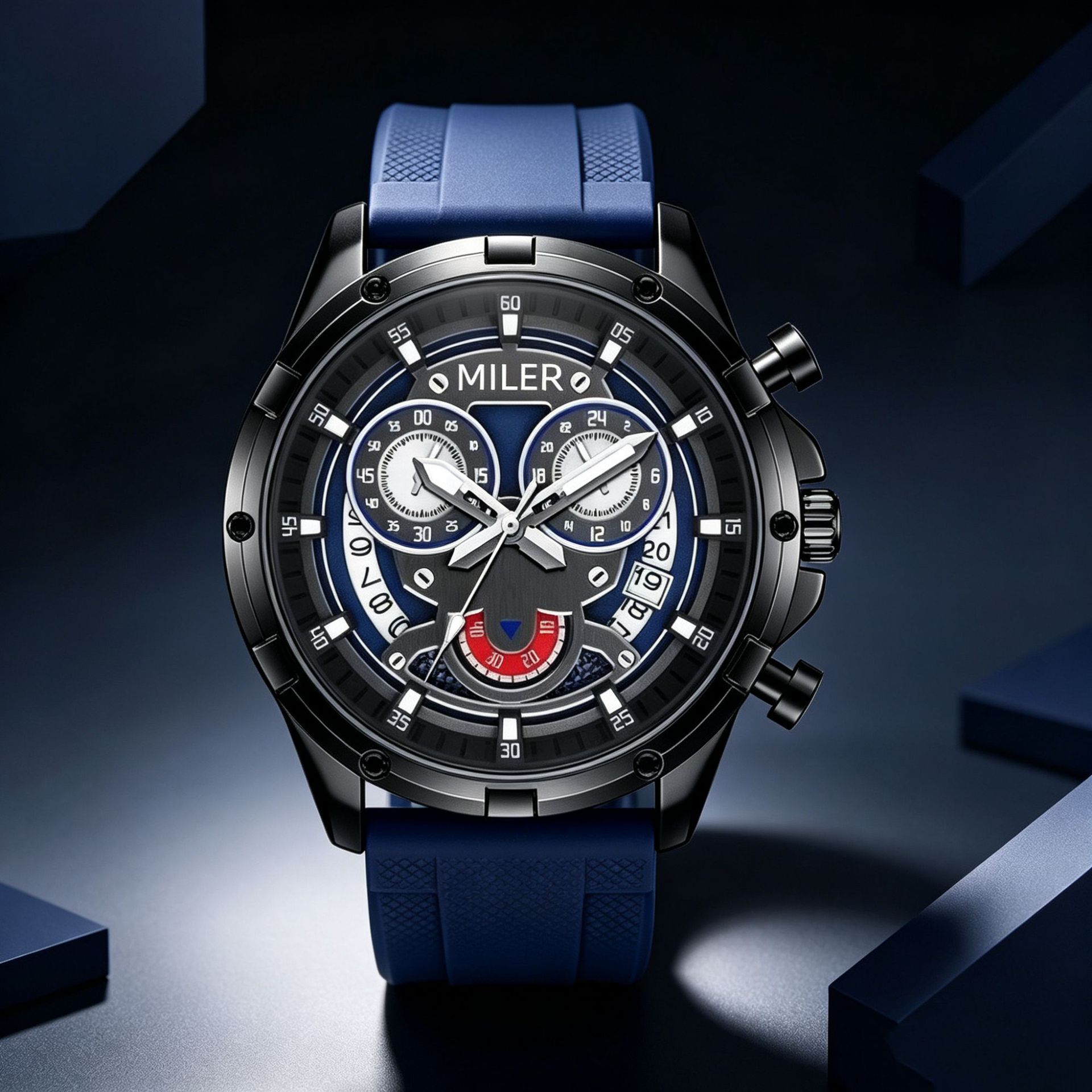 Men Quartz Watch Multifunction Black Case Blue Silicone Strap Luminous Waterproof Sport Chronograph Design Date Wristwatch
