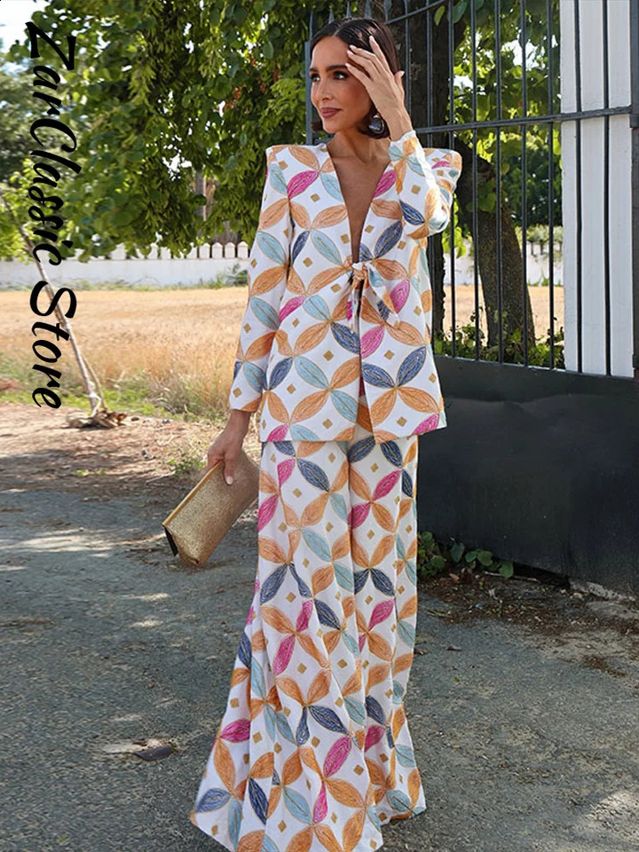 Elegant Printed Blazer Pant Set Women Vintage V Neck Lace Up Full Sleeve Jacket Wide Leg Pants Suits Casual Party Outfit 260920