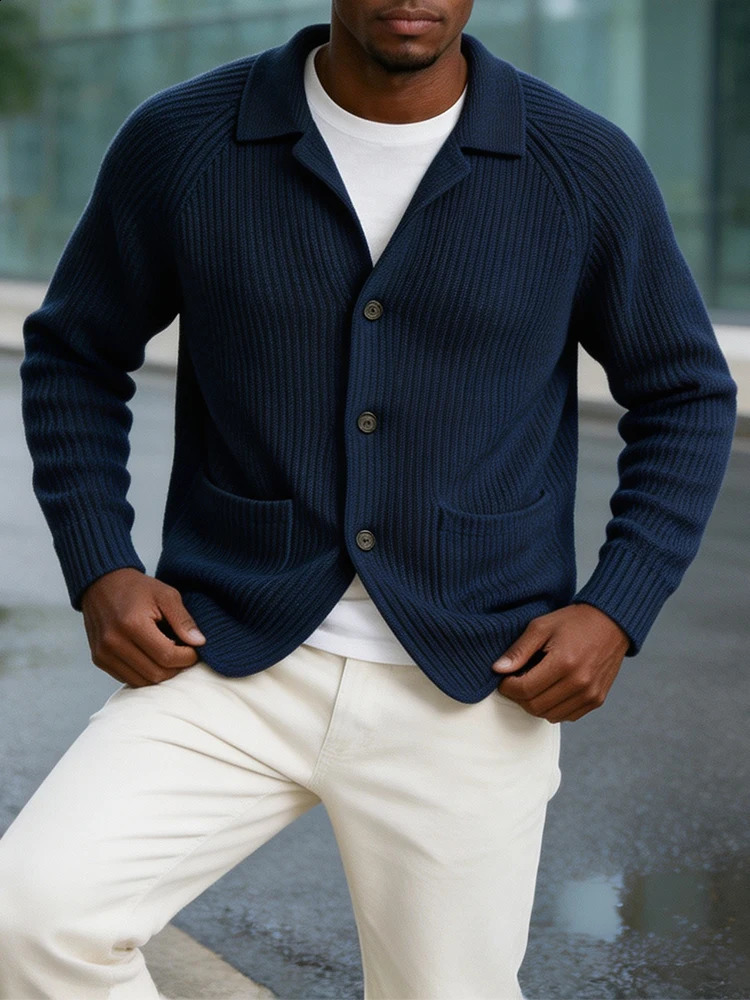 Vintage Long Sleeve Knit Cardigan Mens Autumn Winter Lapel Shirt Tops Men Fashionable Solid Color Ribbed Coats 260918