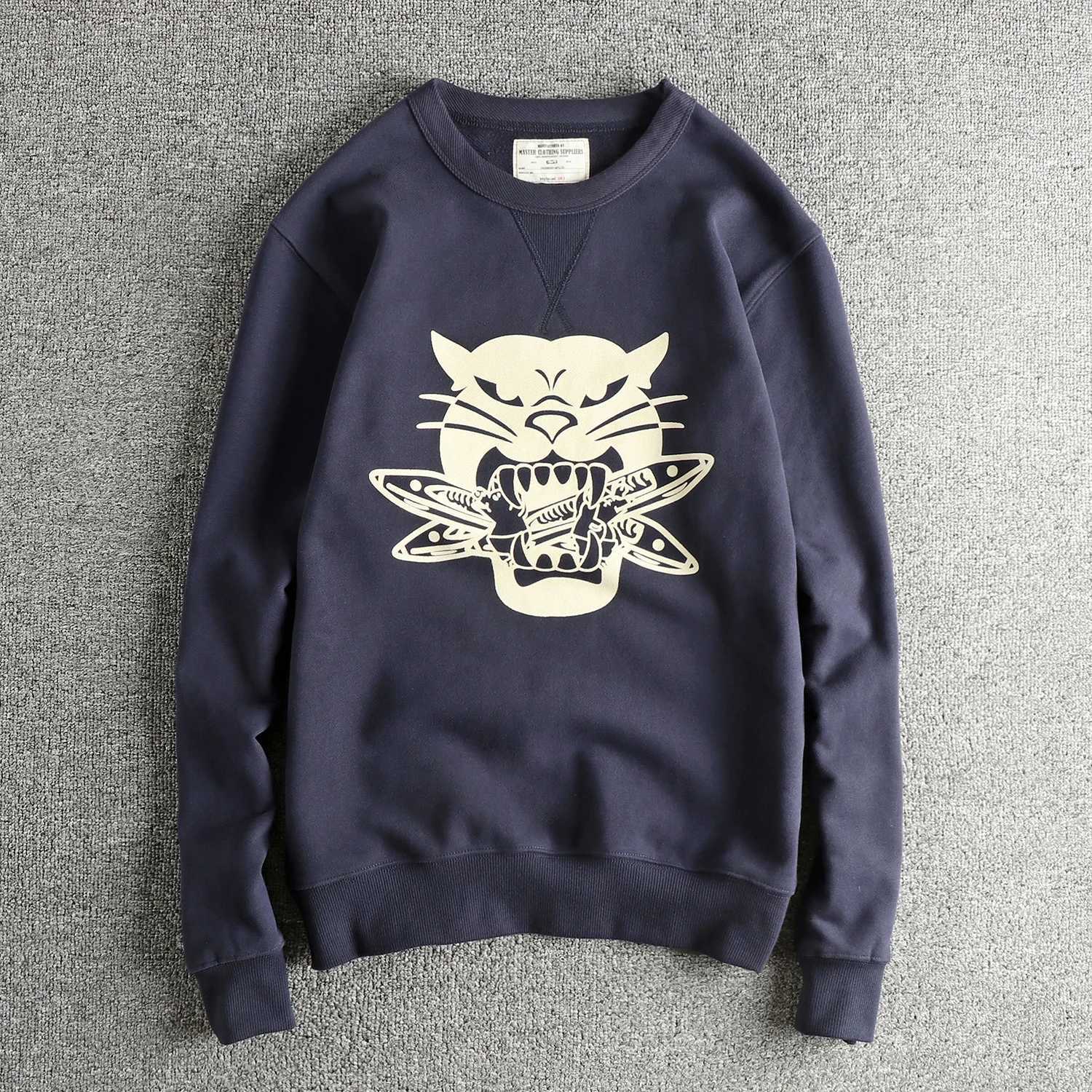 Men's Hoodies Sweatshirts Retro Amei Kaji trendy tiger head pattern long sleeved sweatshirt for men heavy plus velvet thickened autumn and wint