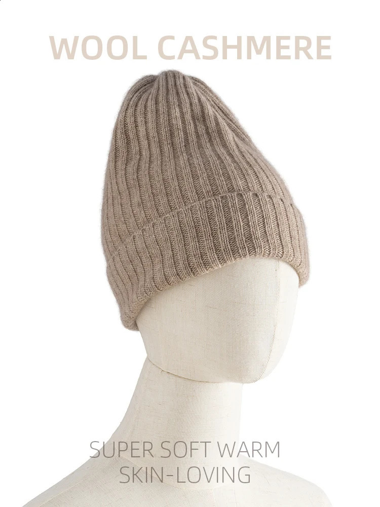 Sales Women 35% Cashmere Knit Ribbed Beanie Caps Solid Color Winter Autumn Warm Hat Men Wool Blends Unisex Natural d 260918
