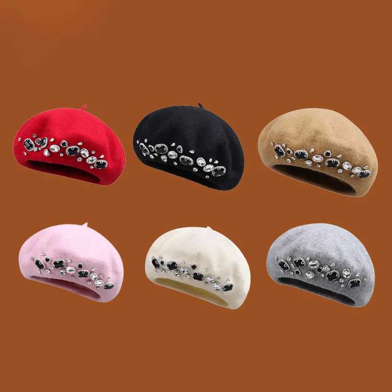 Winter And Berets Artistic Autumn Solid Color Diamond Inlaid Fashionable Wool Beret Women's Outdoor Fashionable Versatile Painter Hats N260919