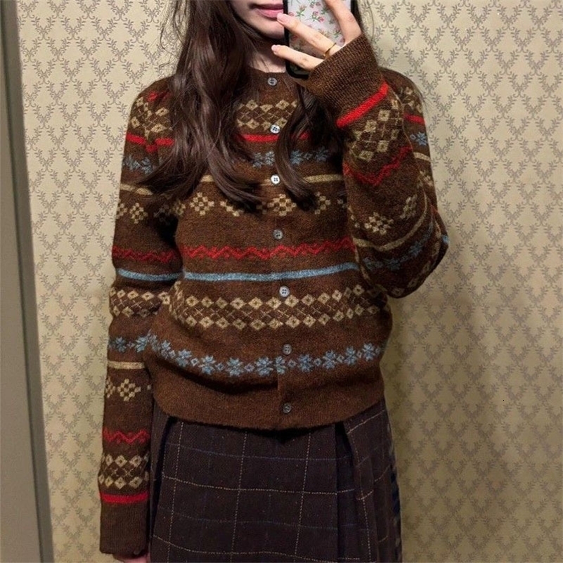 Vintage Jacquard Sweater Women Autumn Winter Round Neck Thicken Korean Paisley Inglebreasted Folk Knitted Cardigans Tops 260918