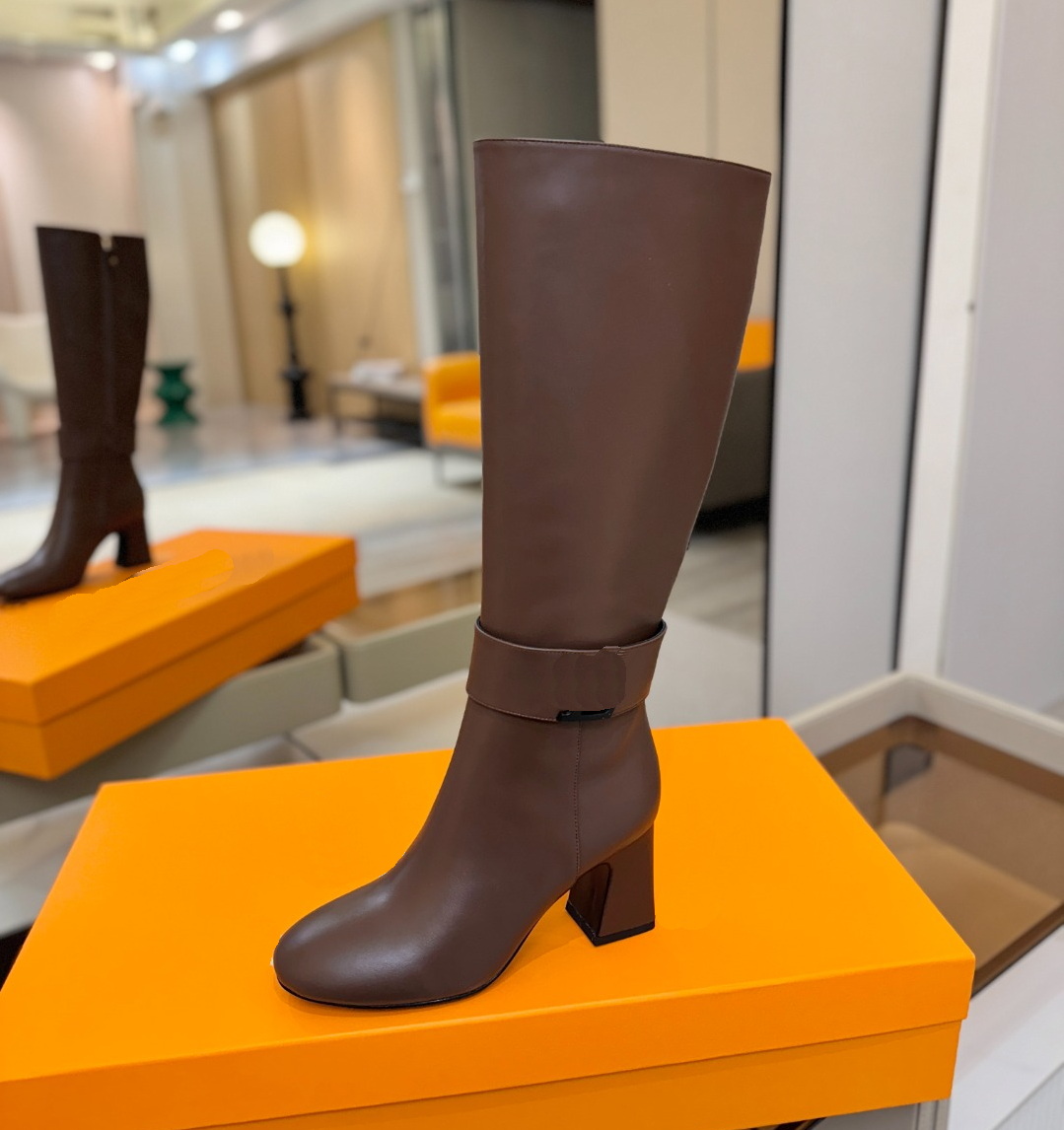Designer Womens Dress Shoes Luxury News Belt Buckle Leather Round-Toes Platform Woman Modern Boots Solid Cow Suede Chunky Heels ZIP Over-the-Knee Bo