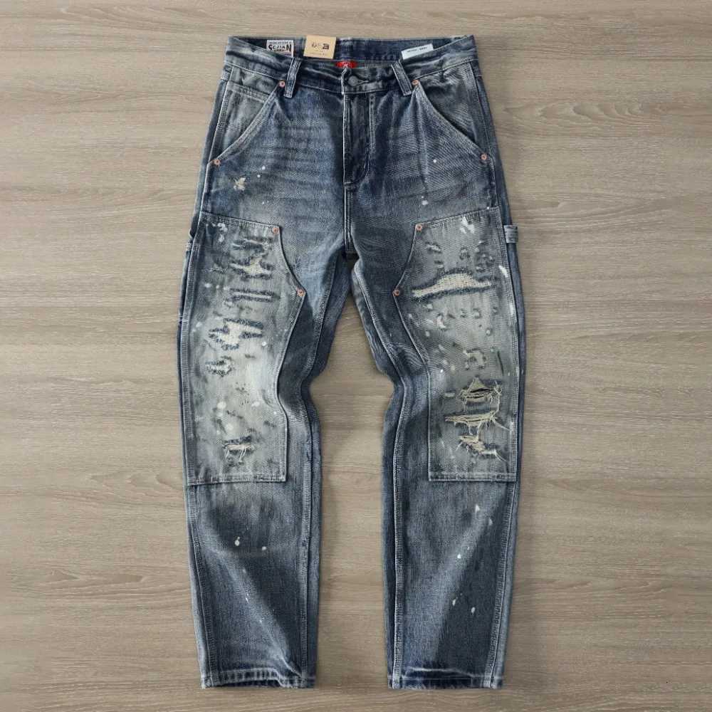 Men's Jeans 15.5 oz heavy anti-washing loose straight jeans autumn and winter men's ripped work pants X260919