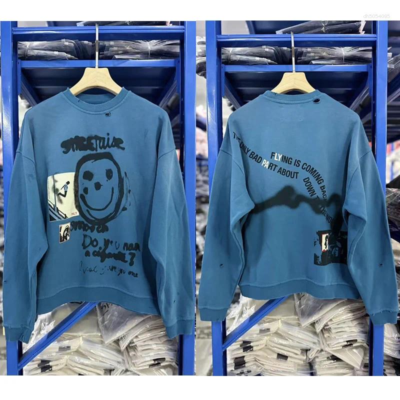 Casual Face Graffiti Vintage Washed Blue Paly Sweatshirts Men Women Unisex Top Quality Cotton Damaged Hole Crewneck Pullovers