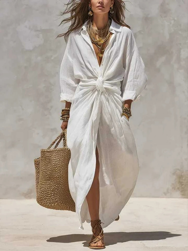 Boho White Linen Cotton Shirt Dress Long Sleeve High Waist Knot Maxi Dress Casual Loose Split Hem Summer Beach Dresses for Women 260920