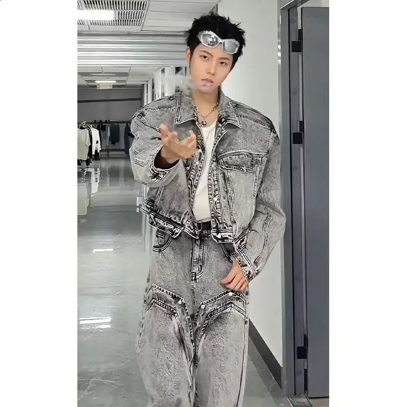 Spring Autumn Men's Denim Suit Loose Korean Trendy Two-Piece Versatile Outerwear Casual Denim Jacket sets 260920