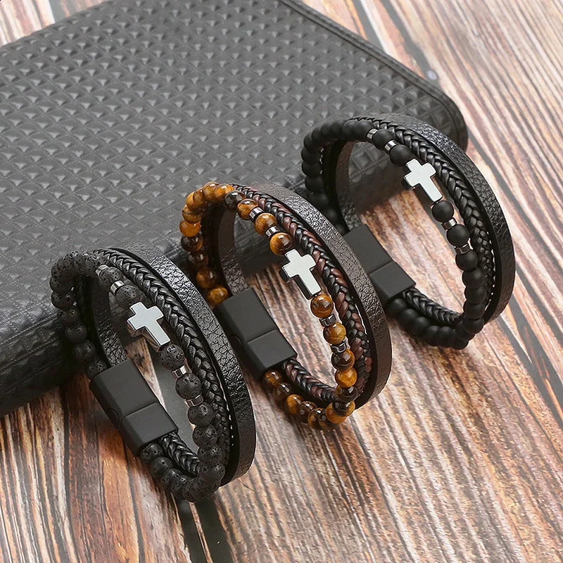Pulsera de cuero multicapa vintage Hombres Punk Cross Charm Tiger Eye Stone Beads Pulsera Moda Trenzado Wrap Pulseras Joyería 260920