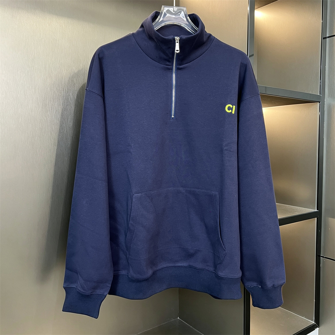 ZIC Classic Zip Stand Collar Pullover Sweatshirt for Men Minimal Small Letter Print Pocket Loose Casual Long Sleeve Top Sports Outerwear for Daily W
