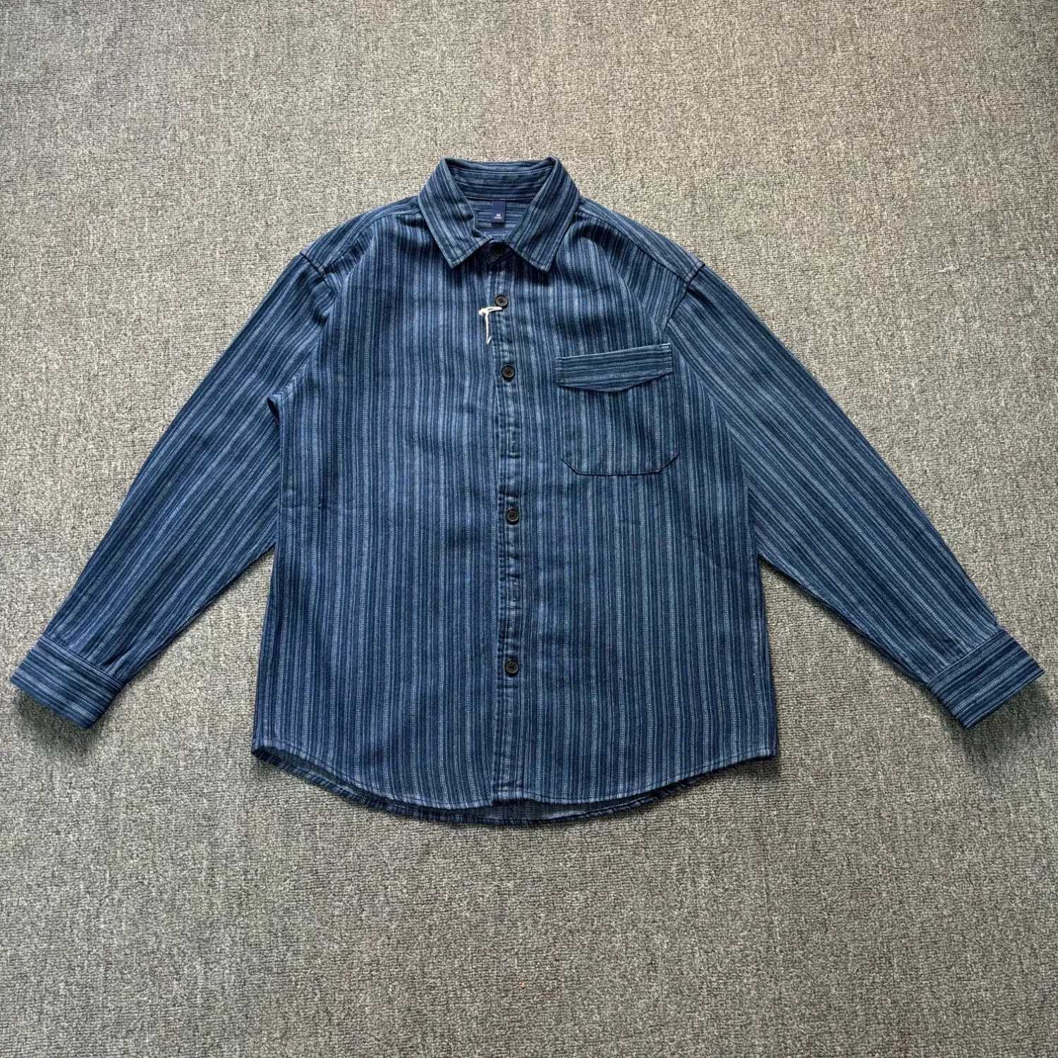 Men's Casual Shirts Retro heavyweight yarn-dyed denim striped shirt men's trendy loose and versatile casual top X260919