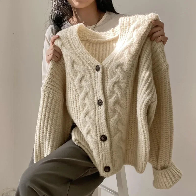 Fashion Winter Warm Long Sleeve Knitted Cardigan Women Vnek Loose Sweater Autumn Elegant Solid Color Casual Top 260918