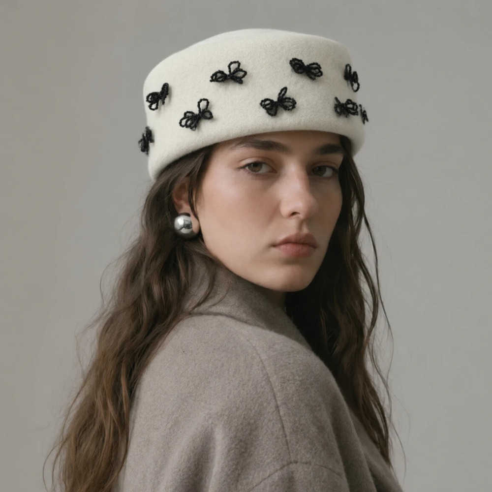 Bow Berets Rhinestone Elegant Luxury 100% Wool Fedoras Hat for Women's Winter French Fashion Versatile Berets Vintage Pillbox Hat J260919