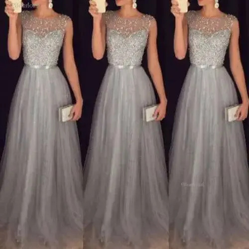 Urban Sexy Dress New Style Sequin Women Gray Lace Long Dress Summer Sleeveless Party Evening Formal Wedding bodycon Ball Gown Women 0c5